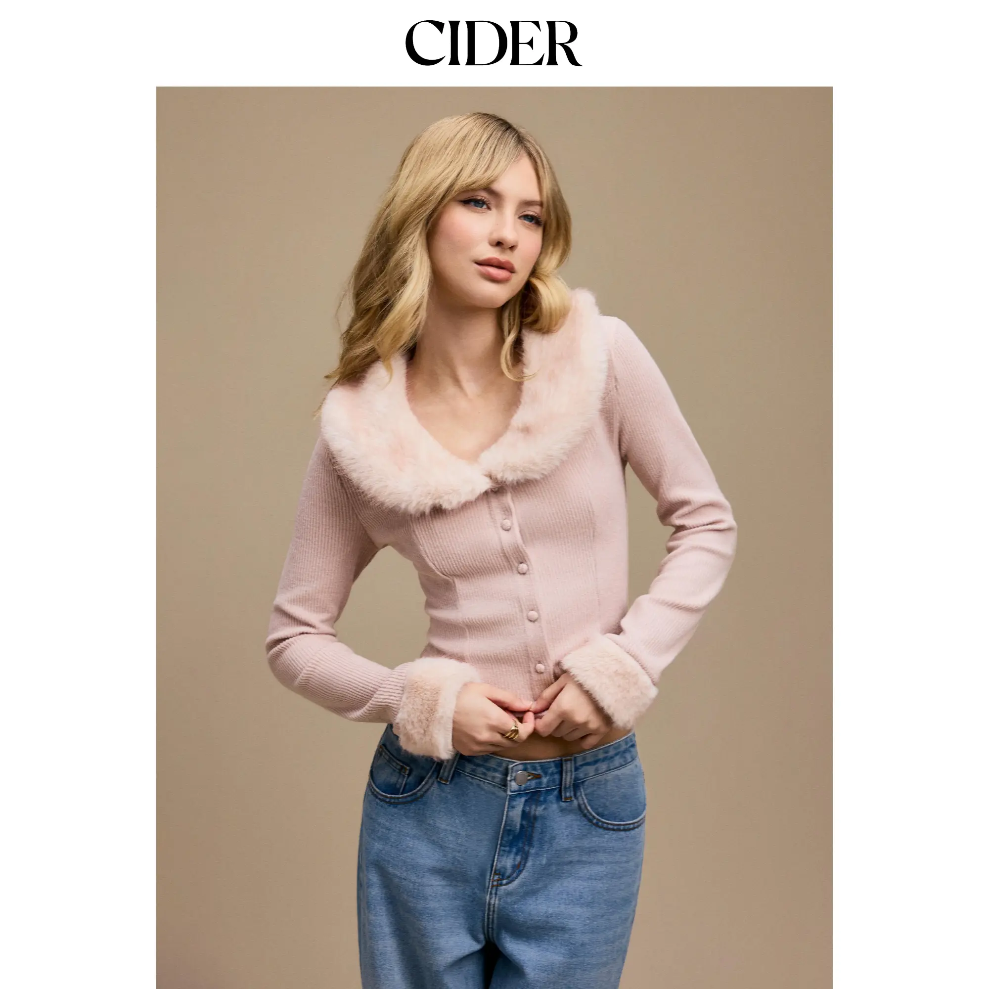 Cider Faux Fur Collar Long Sleeve Rib Curved Hem Button Top SummerFinds
