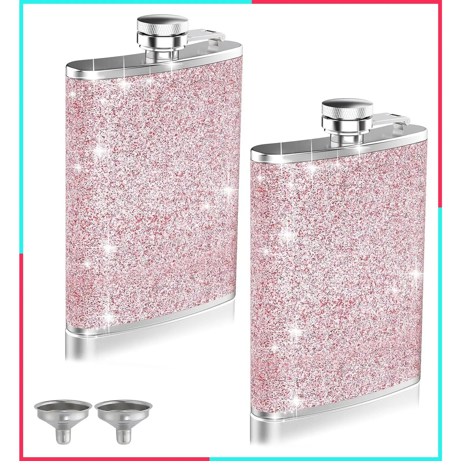 2-Pack 8 Oz Bling Hip Flasks for Liquor, Leakproof Thin Stainless Steel Pocket Flask with Funnel for Women, Portable Metal Flask for Camping, Outdoor Activities, Wedding Party Gift, Pink