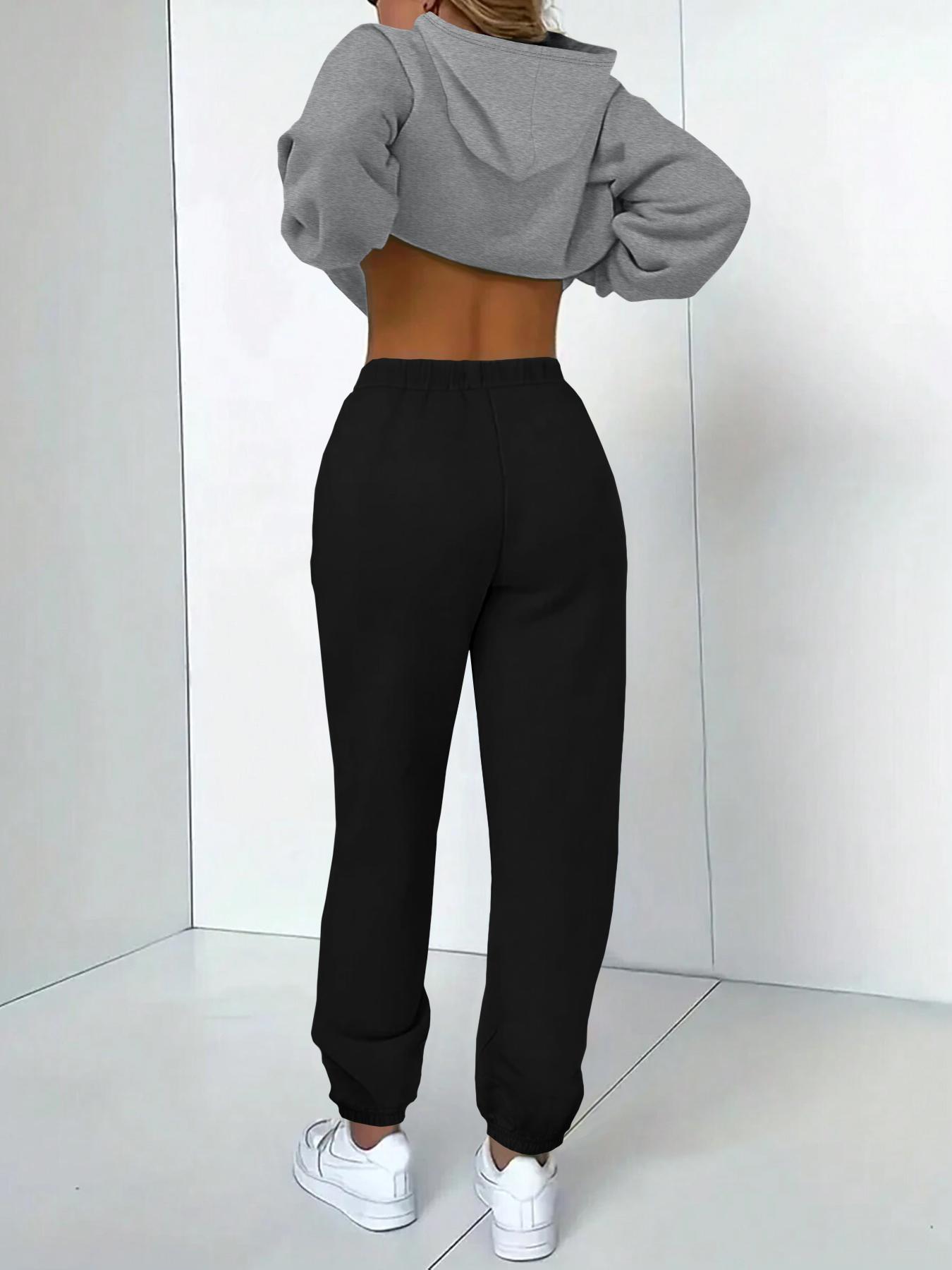 Spring Fall Thin Women's Casual Hooded Sweatshirt Set, Long Sleeve Letter Print Top + Pants, Fitted Sportswear with Pockets