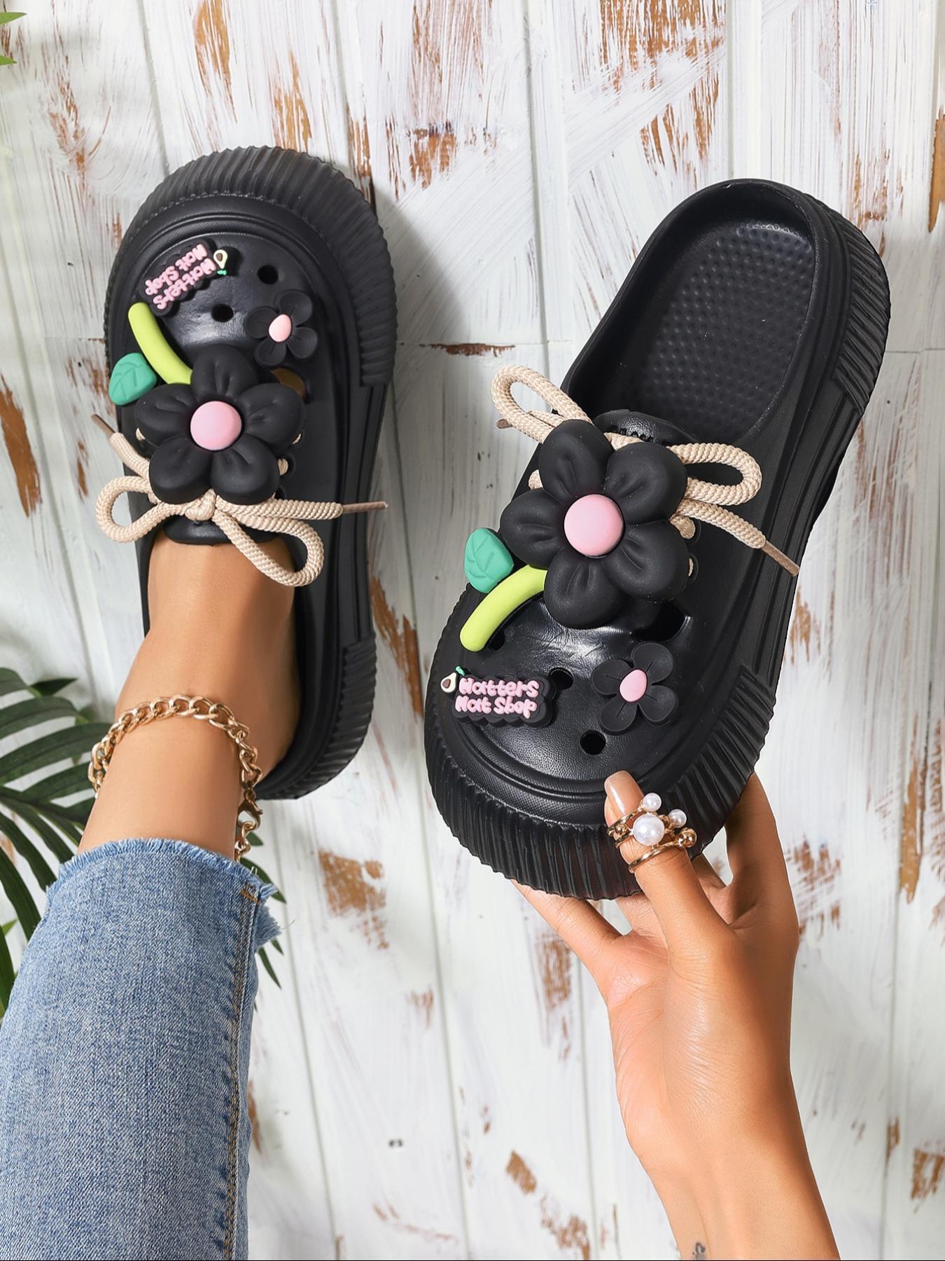 Women's Fashionable Flower Decorated Slides, Floral Slippers, Casual Comfortable Non-slip Slippers for Outdoor Beach, Lightweight Breathable Slippers for Daily Wear, Walking Shoes