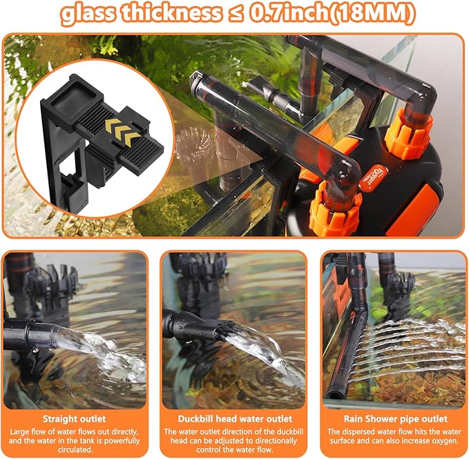 Hang-On-Back Canister Aquarium Filter,No Dry Burning Quiet Fish Tank Filter with Duckbill Nozzle Shower Pipe Outlet Oil Skimmer Adjustable Water Flow 3 Types Filter Media(5W/6W/7W/8W fo 10-60 gal)