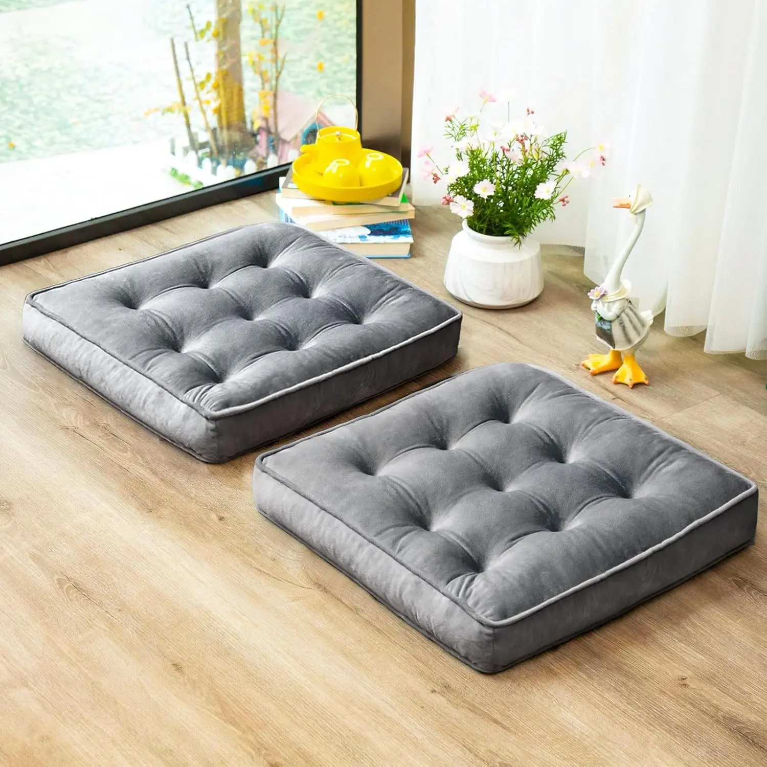 1 Floor Pillow Set of 2, Memory Foam Meditation Cushion, Floor Cushions for Adults Sitting, Large Square Seat Cushions for Yoga, Living Room, 20x20 Inch (Grey)
