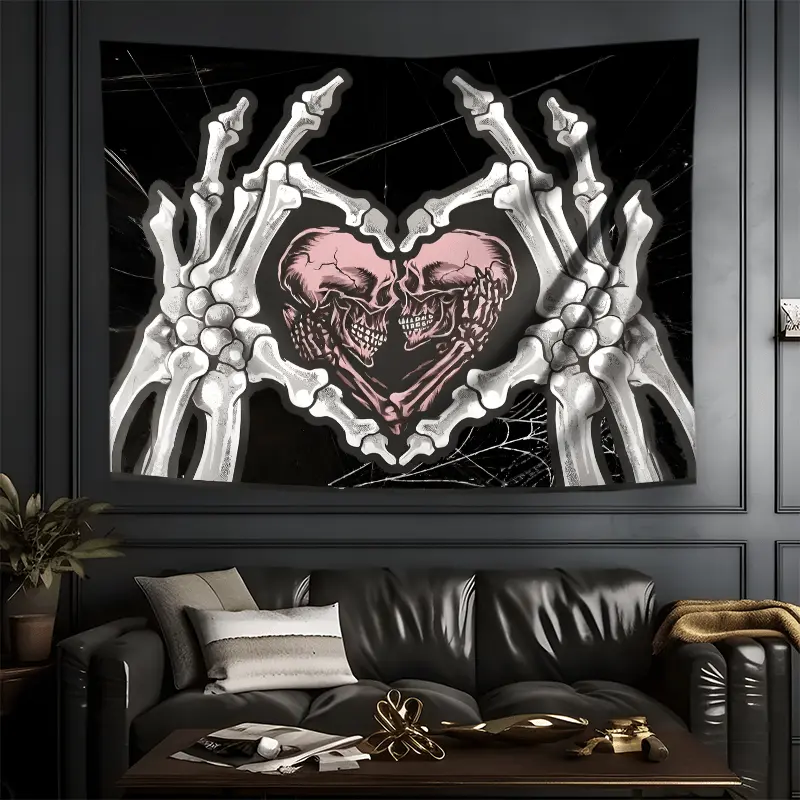 Extra Large Gothic Skull Synthetic Polyester Tapestry - 91x71in, Lightweight, Stitched Edges, Easy to Hang, Digital Heart Print, Dark Romance Horror Aesthetic, Valentine's Day Gift, Wall Decor, Adult Room Art, Home Supplies