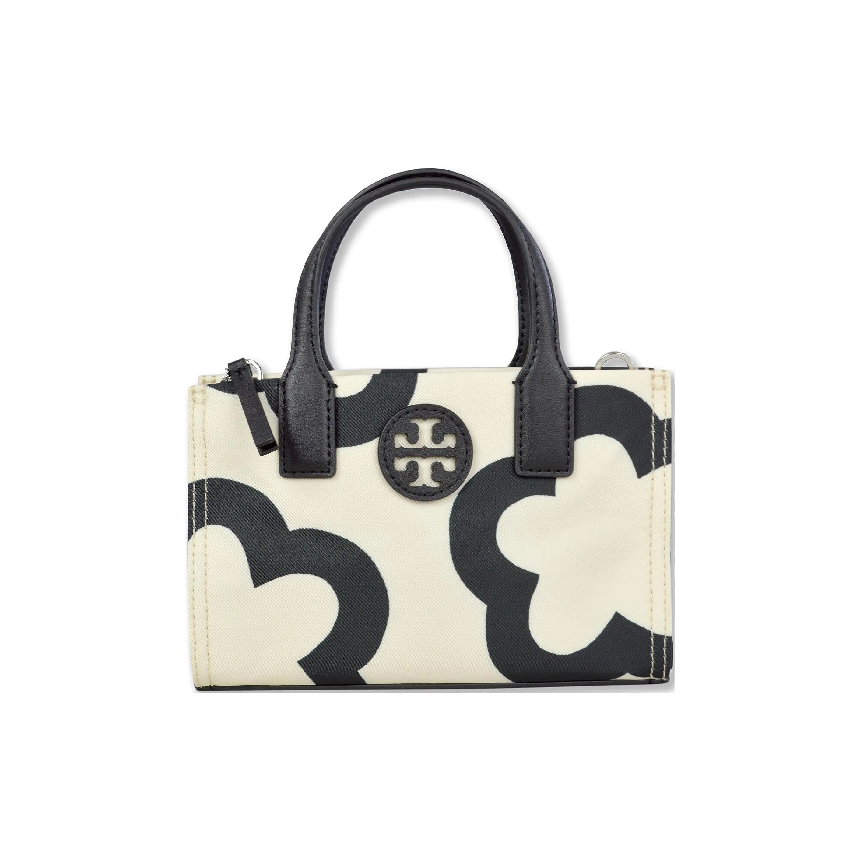 Tory Burch Double-T Logo Nylon Tote Bag for Women, Mini Crossbody Shoulder Bag in White and Black