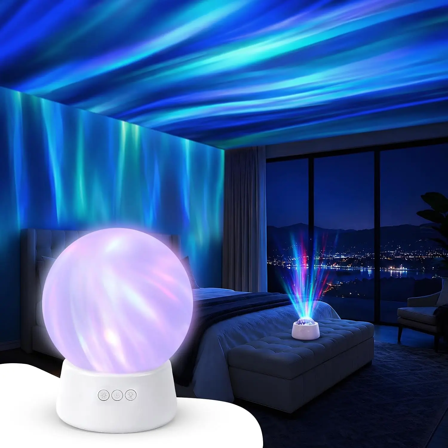 A rechargeable night light and aurora projector featuring eight lighting effects and a built battery; it is suitable for bedroom use and home décor, as well as being an ideal gift for Halloween and Christmas.