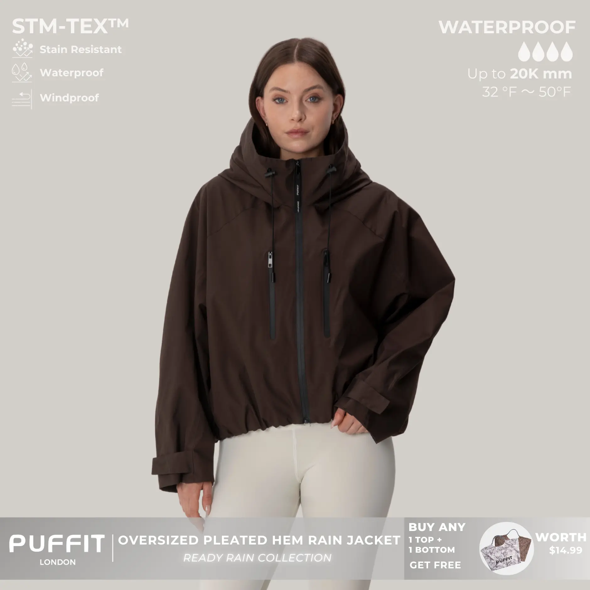 【Restocked】PUFFIT STM-TEX Short One-Size Rain Jacket With Pleated Hem,Hooded Jacket,Waterproof Jacket,Women Jacket,Wide-Brim Hood,Adjustable Cuffs,Zips,Outdoor Sport,Statements,Windbreaker,Spring,Dog Walking,School Running,Football Mum,Stylish,Womenswear