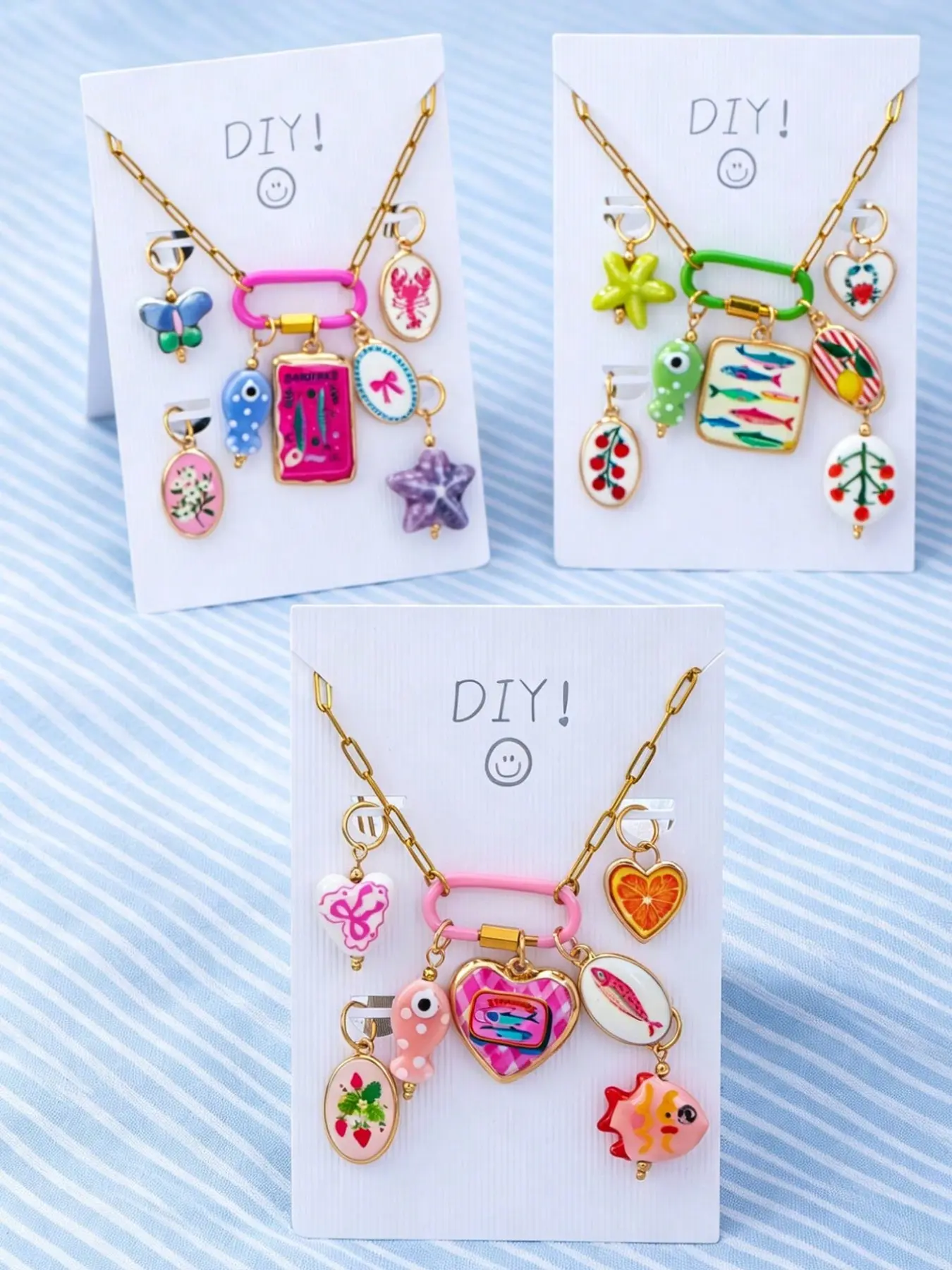 Summer Fruit Ocean Floral DIY Enamel Pendant Necklace Set, Interchangeable Vibrant Charms Pineapple Seahorse Crab Starfish Pendants, Stainless Steel Chain Jewelry Kit