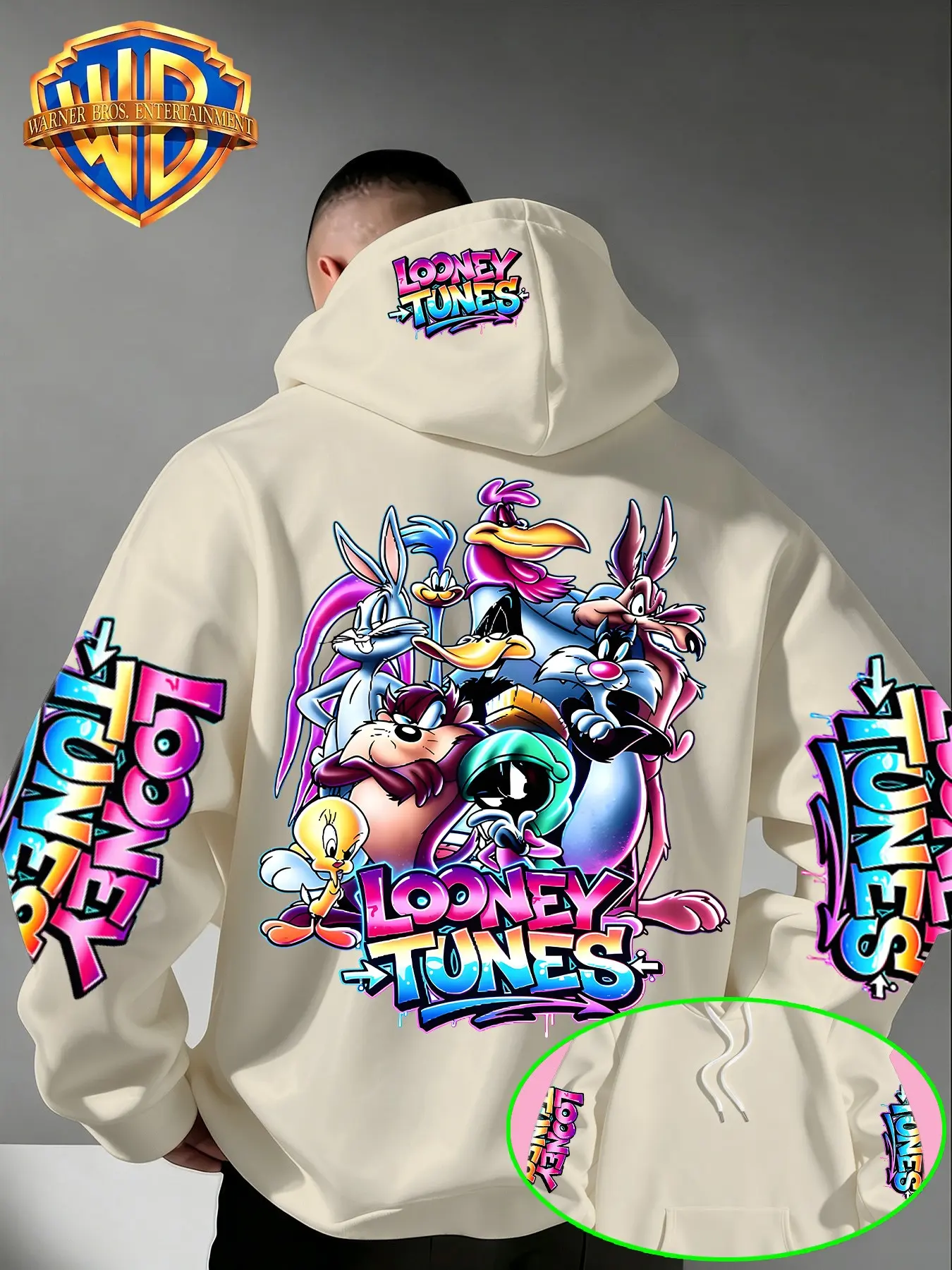 Warner Bros Looney Tunes Hoodie, Sweatshirts, Gradient Graffiti Print, Fitted Style, Kangaroo Pocket, Drawstring Hood, Ideal for Daily & Outdoor Use