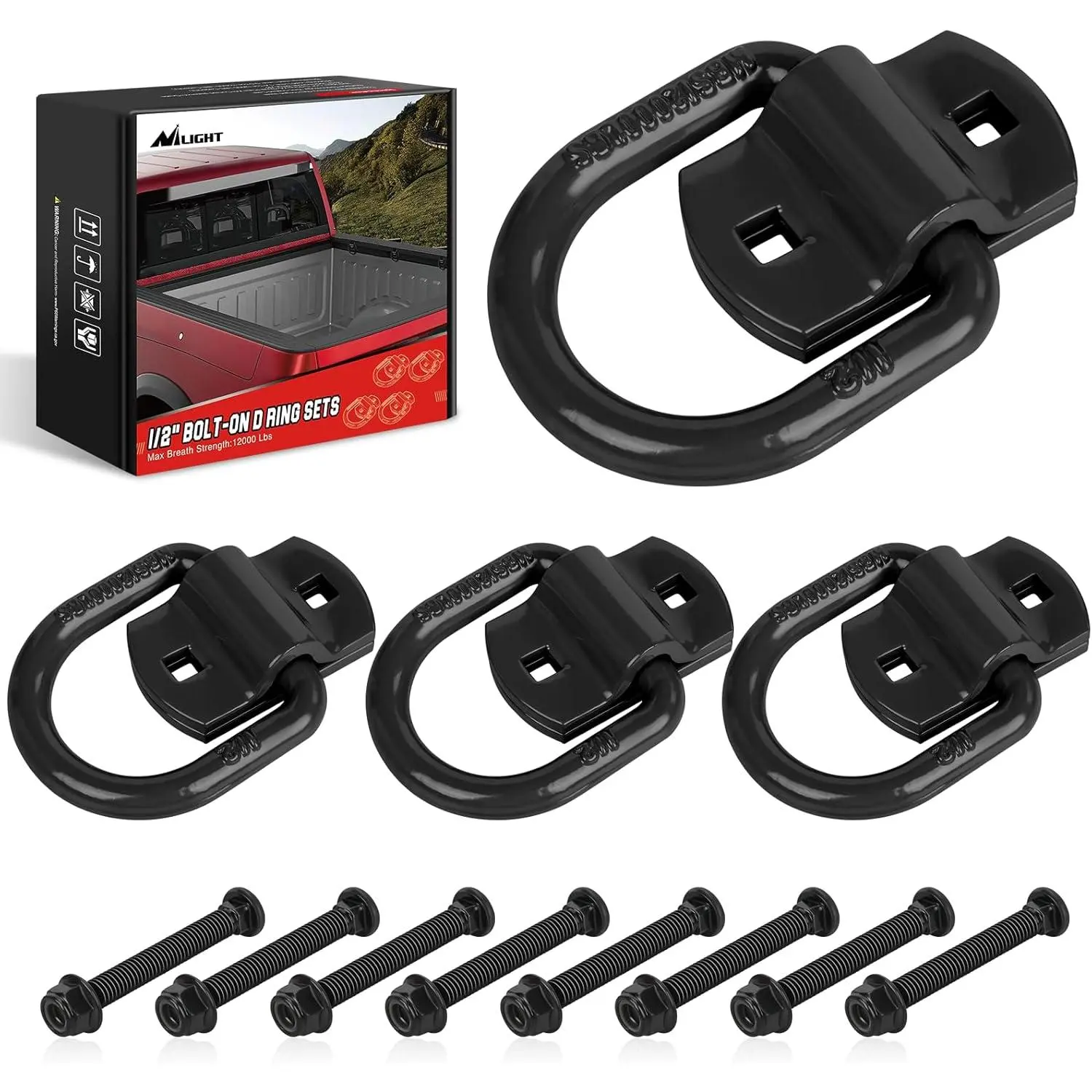 Nilight 4 PCS Bolt-On D-Ring Tie Down Anchors, 1/2" Alloy Steel Anti-Rust 12000 Lbs Break Strength Hooks, Threaded Mount Easy to Install with Screws for Trailer, Pickup Truck Bed Cargo
