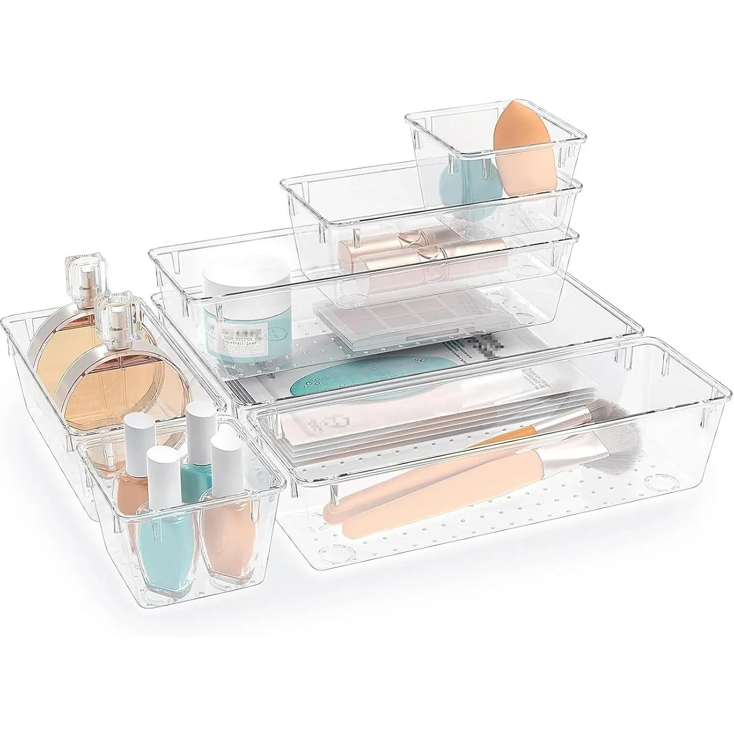 7 count Clear Plastic Drawer Organizers Set, 4 Size Desk Drawer Organizer Trays for Makeup, , Kitchen Utensils, Gadgets and Office Accessories