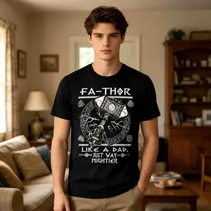 Men's Stylish Norse Mythology T-Shirt - Fathor Viking Mjolnir Hammer & Runes Graphic, "Like a Dad Just Way Mightier" Father's Day Gift, Black Relaxed Fit Menswear Short-Sleeve Round Neck Fabric Tee, Machine Washable Festive Top