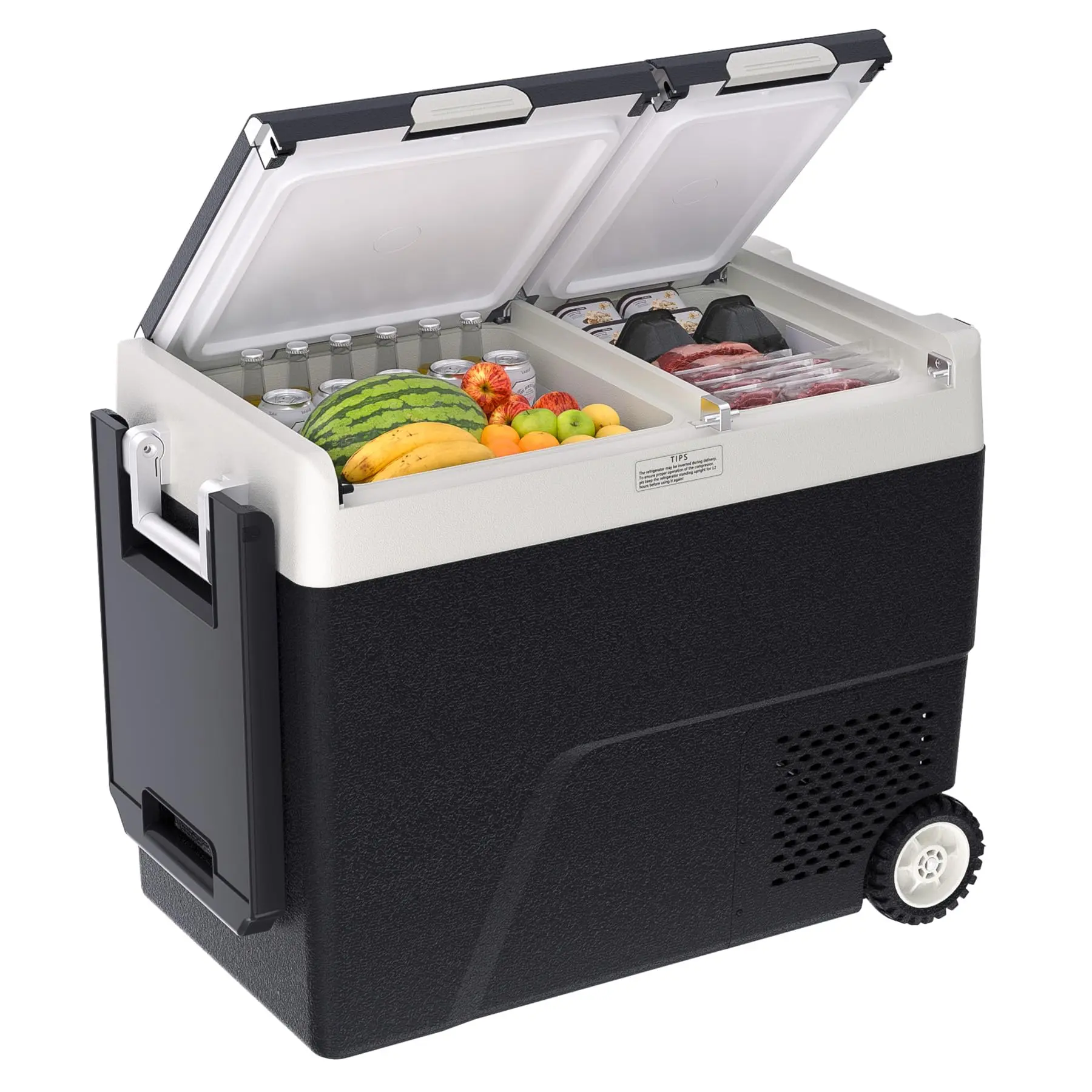 Dual Zone Car Refrigerator with Wheels - 40QT 50QT 61QT Portable 12V Compressor Freezer with Solar Charging Port, Folding Table, Bluetooth App Control for RV Truck Camping Road Trip