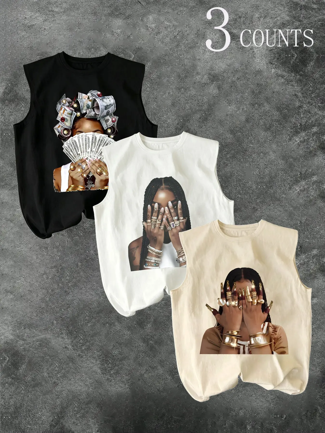 Men's Three-Piece Trendy Casual Sleeveless Vest Set, Face-Wiping Woman Graphic Print, Perfect for Summer, Vacation, Friend Gatherings