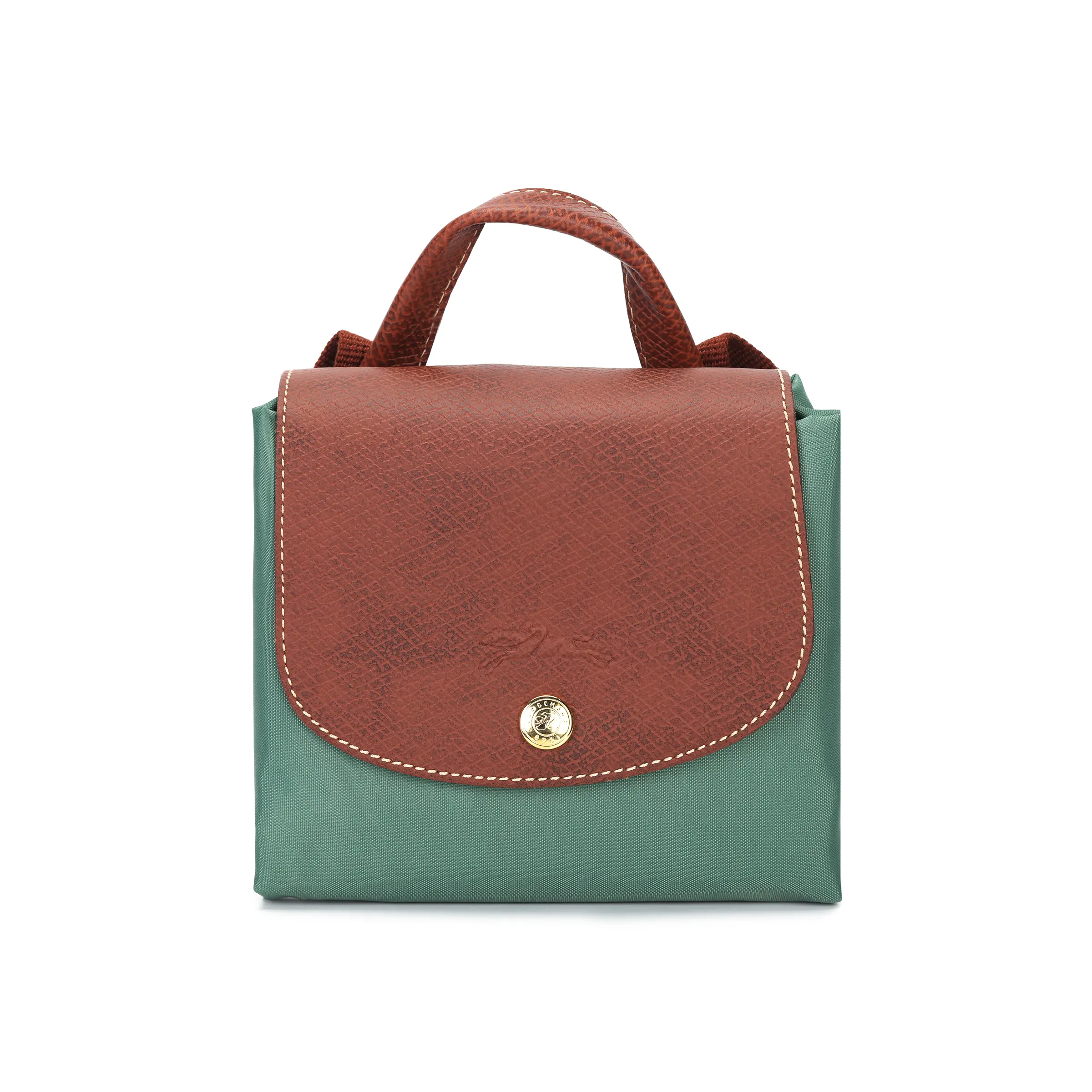 Longchamp Le Pliage Solid-Color Zippered Canvas Backpack with Embossed Logo Snap Closure for Women in Sage Green