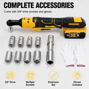 Brushless Cordless Electric Ratchet Wrench 3/8" for Dewalt 20V Li-Ion Battery High Power Tool with LED Light & 7 Sockets Yellow