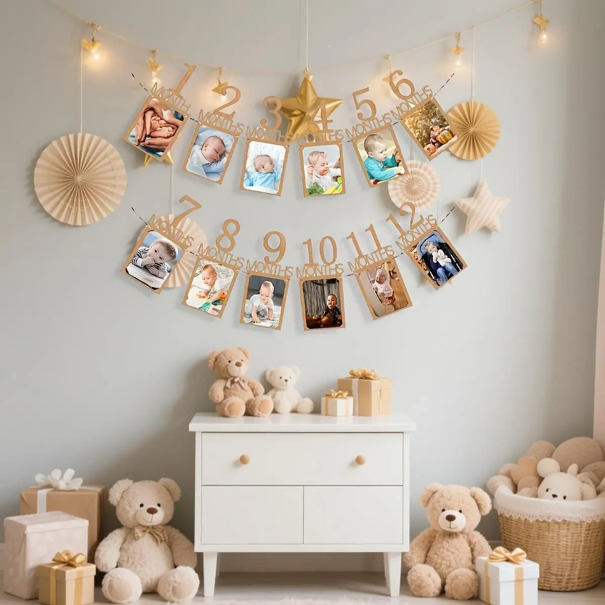 Birthday Party Decor Set, Photo Birthday Bunting Flags, Milestone Flags 1-12 Months, First Year Birthday Wreath, Wall Hanging Decoration, Party Decoration Banner