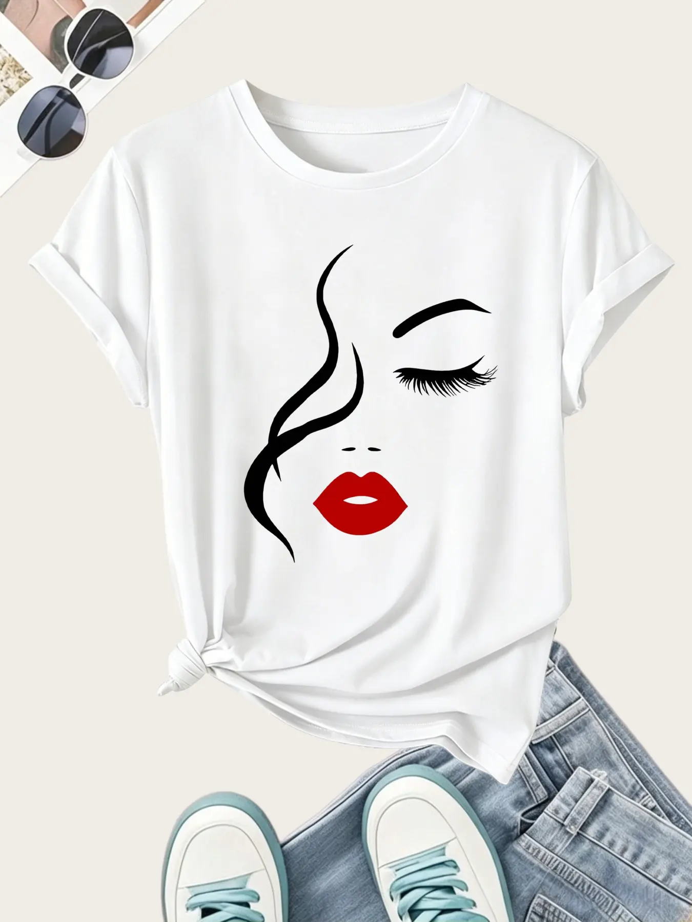 Abstract Lip Print T-Shirt, Women's Round Neck Short Sleeve Top, Spring Summer, Casual Daily Wear