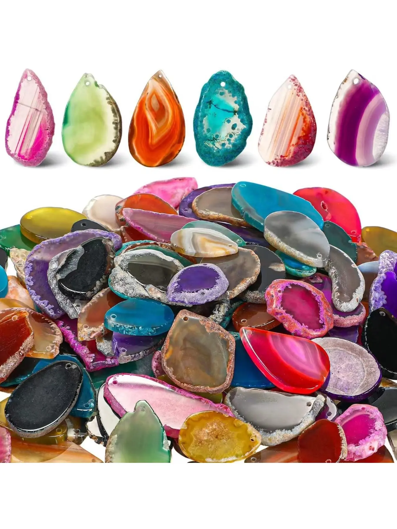 7pcs 7 Colors Drilled Brazilian Agate Raw Stone Slices Wind Chime Colorful Pendant Necklace Accessories Car Hanging Ornament Natural Agate Raw Jewelry Decor