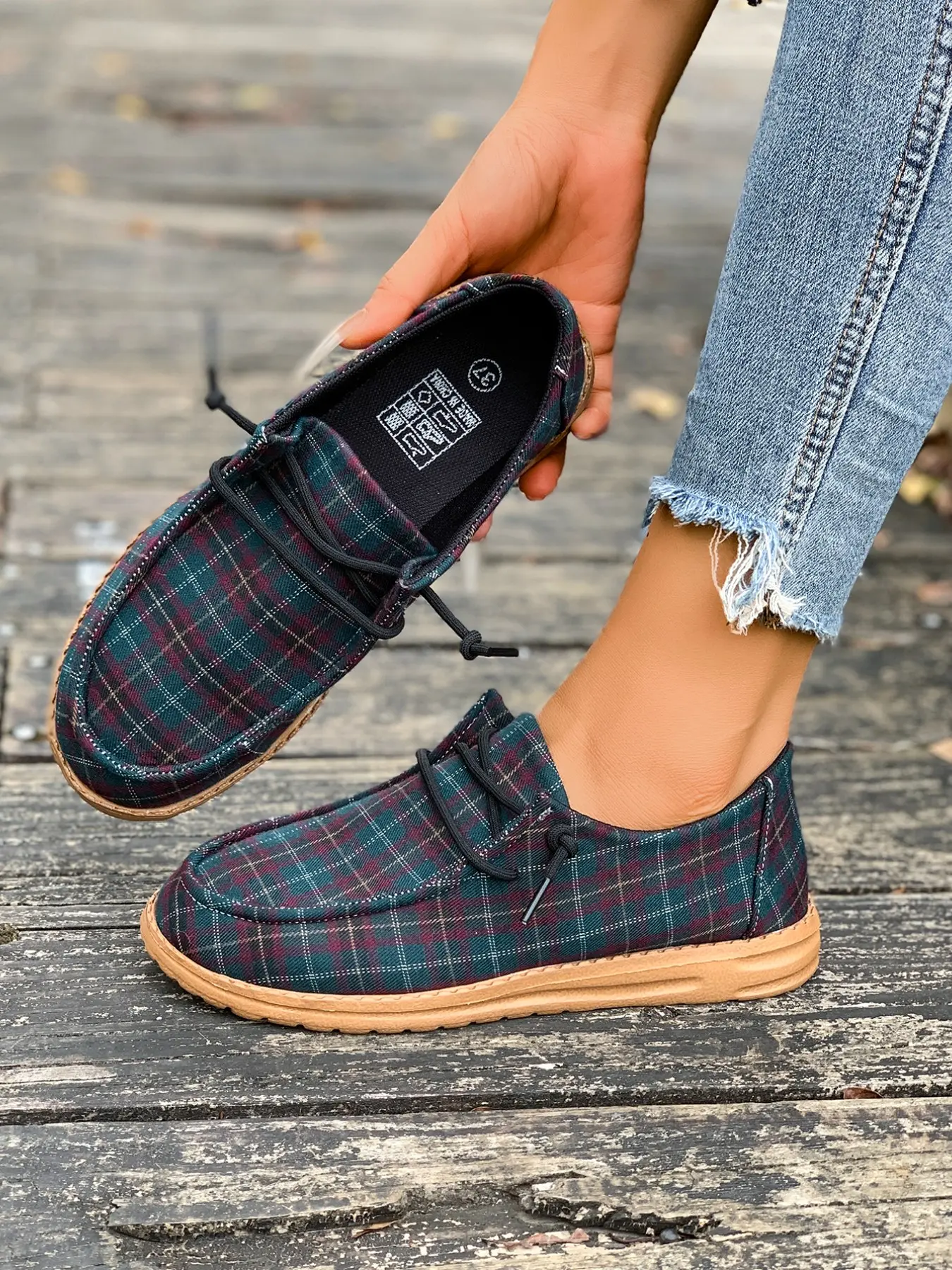 Women's 2026 New Arrival Shoes, Fashion Casual Plaid Print Slip-On Mules, Slip On Footwear, Large Sizes, Comfortable, Lace-Up Design, Ideal for School & Vacation