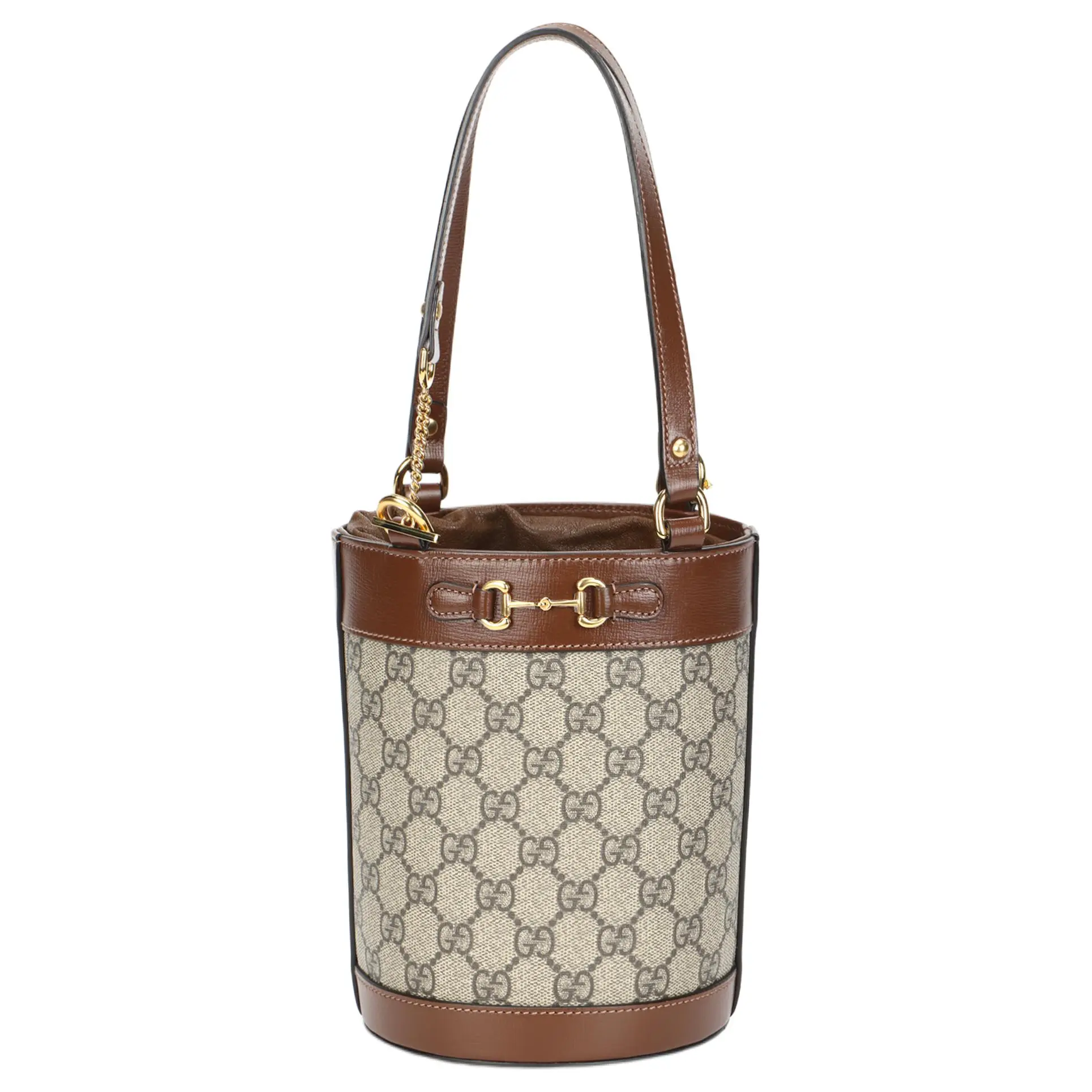 Gucci Horsebit 1955 Vintage Gold-Tone Logo Bucket Bag for Women, Canvas and Leather, Ebony and Brown