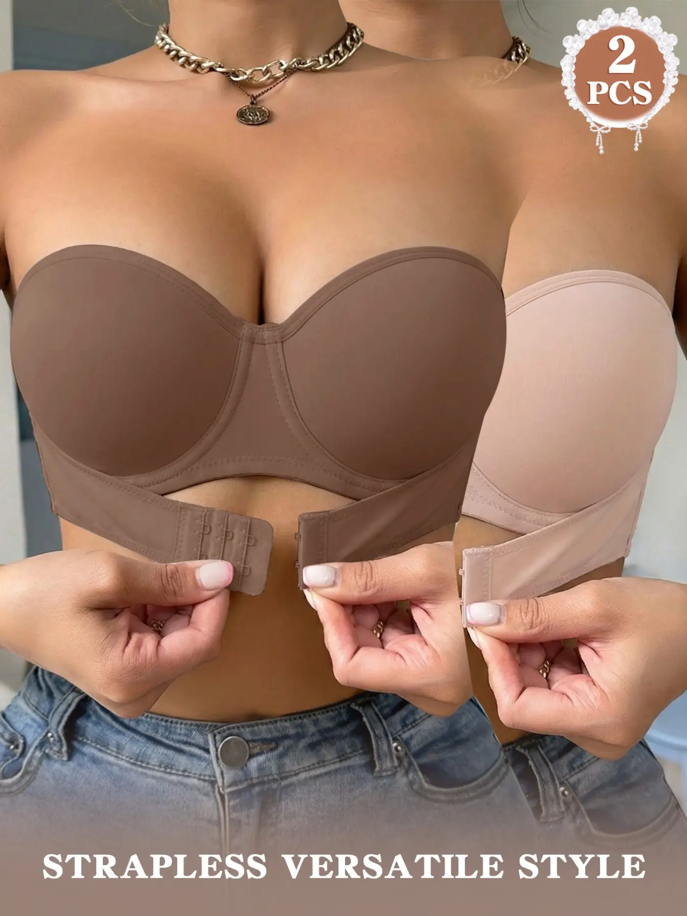 1/2PCSWomen's Bandeau Bra, Front & Back Multi-Hook, Detachable Invisible Straps, Anti-Slip, Breathable, For Off-Shoulder & Backless Daily Office & Home All Day Wear