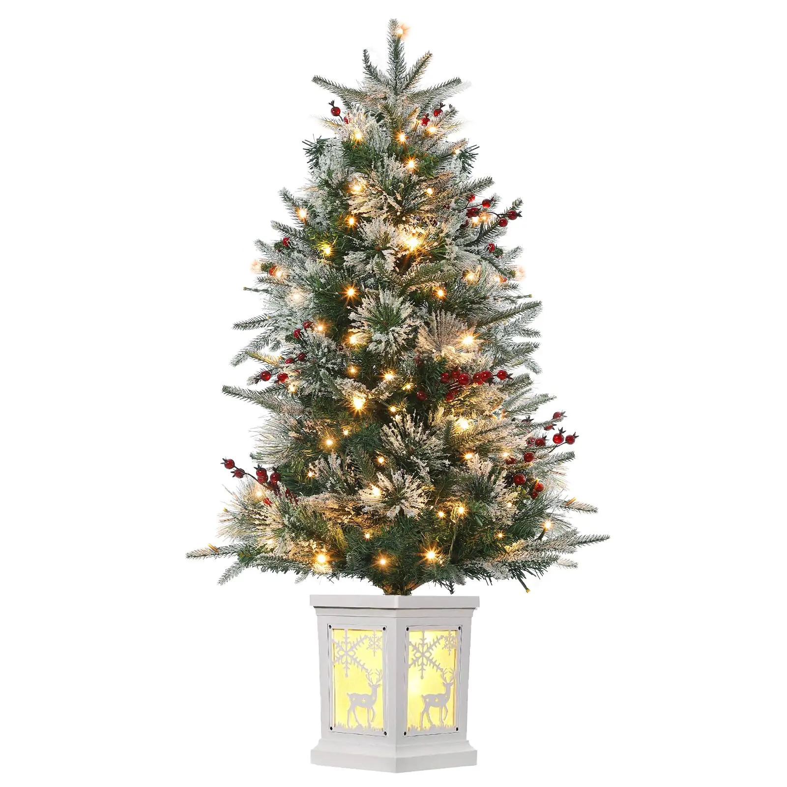 3 Ft Pre-Lit Christmas Tree, Fiber Optic Artificial Christmas Tree with 78 LED Lights, 8 Modes Small Potted Christmas Tree with Red Berries, Tabletop Fake Xmas Tree for Holiday Decor