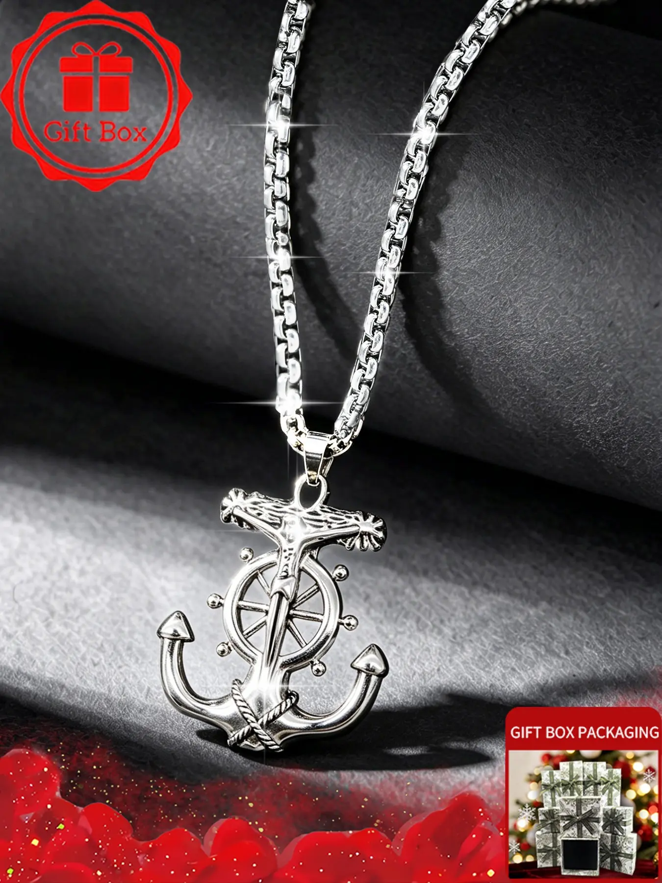 Vintage Nautical Anchor Cross Pendant Necklace for Men Women, Premium 304 Stainless Steel Chain, Retro Pirate Ship Wheel Helm Crucifix Necklaces, Unisex Punk Hip Hop Sailor Jewelry, Anti-Tarnish Waterproof Beach Accessory Gift.