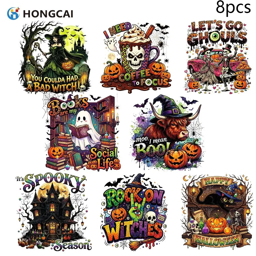 8pcs Halloween Holiday Celebration Heat Transfer Stickers, Magic Black Cat and Full Scene Halloween Iron On Patches for Family Party Outfits Fabric Handmade DIY Decoration, Easy Operation DTF Transfers