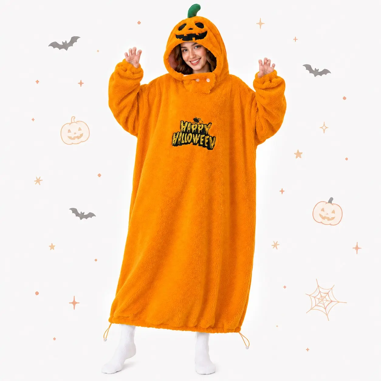 Halloween Pumpkin Long Wearable Blanket Sleeper, Oversized Soft Sherpa Plush Hooded Blanket, Warm Cozy Loungewear for Fall Winter