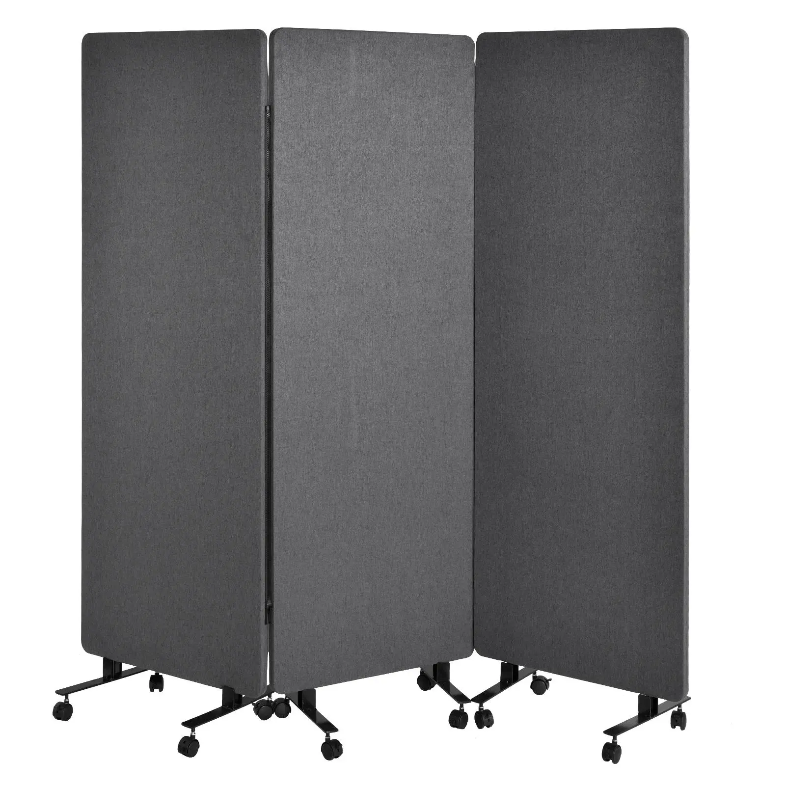 72in 3-Panel Soundproof Room Divider with Wheels, Heavy-Duty Acoustic Partition Temporary Wall for Noise Reduction, Portable Divider for Home Hospital Library Classroom - Light Grey Folding Fabric