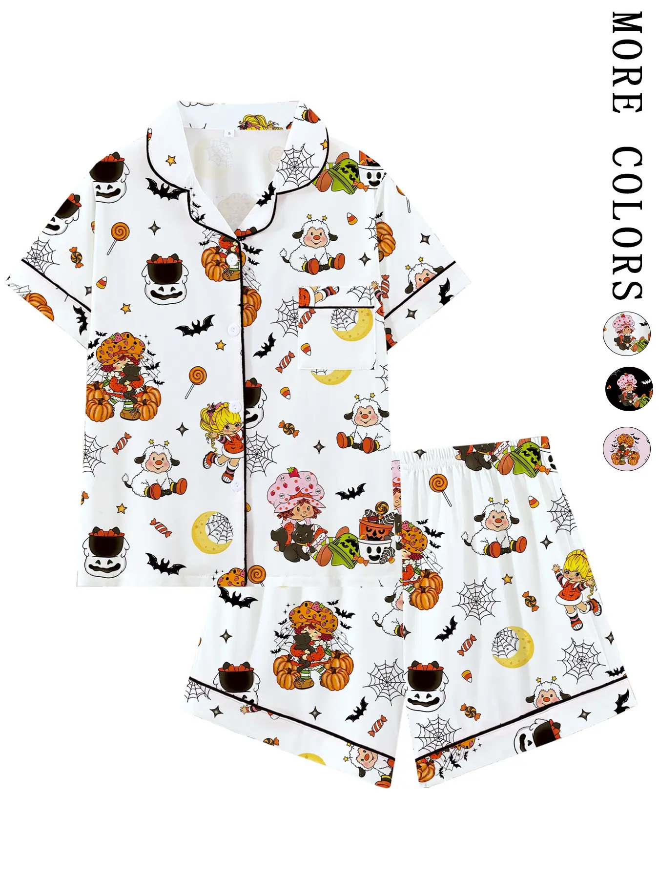 Retro Strawberry Girl Pattern Lapel Collar Pajama Set, Cute 80s Nostalgic Cartoon & Pumpkin Print Contrast Binding Sleepwear, Soft Short Sleeve Button Down Loungewear, Fun 2-Piece PJs
