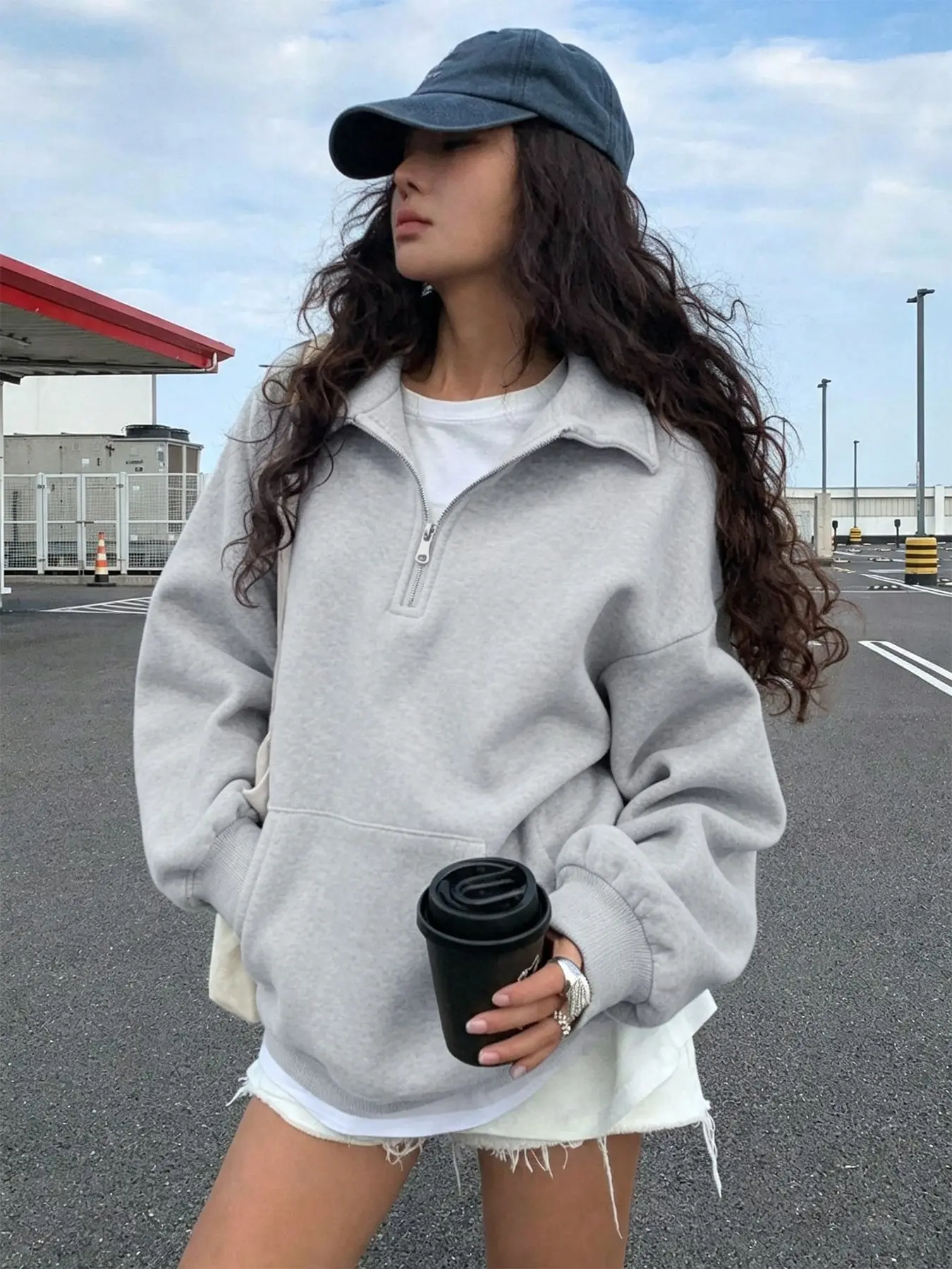 Girls' Fall Winter Half-Zip Long Sleeve Fleece Lined Loose Fit High Neck Sweatshirt, Fashion Modern Style, Travel Essential
