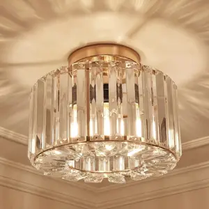 Modern Gold Crystal Flush Mount Ceiling Light, Round K9 Crystal Chandelier, 1-Light Fixture for Hallway Foyer Stairwell Closet Kitchen Balcony Bedroom, E27 Base, Bulbs Not Included