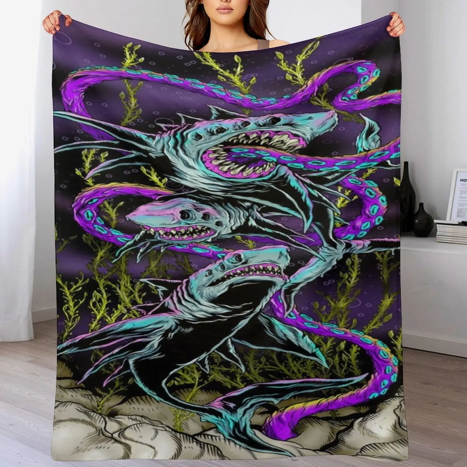Neon Purple Octopus Tentacle Three Sharks Deep Sea Graffiti Print Flannel Throw Blanket Soft Warm Underwater Creature Sofa Bed Decor Blanket For Ocean Art Lovers Home Gift