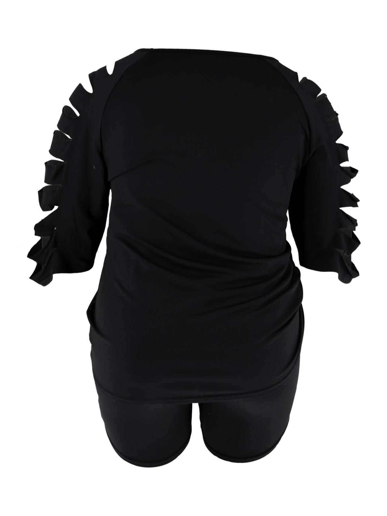 Plus Size Women's Ripped Design Sporty Round Neck Short Sleeve T-Shirt + High Waist Sporty Shorts, Casual Fashion Set, Street Style Sports Recommendation