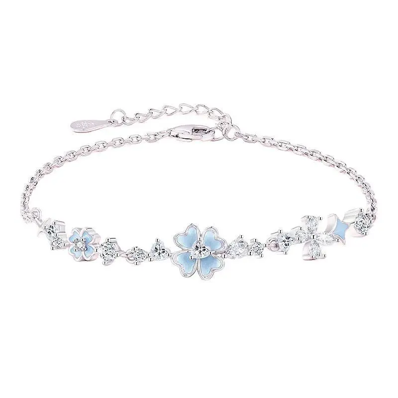 -Luminous Star Clover Titanium Steel Bracelet, Light Blue Enamel Four Leaf Flower Cubic Zirconia Adjustable Wrist Chain Dainty Romantic Jewelry Gift For Women