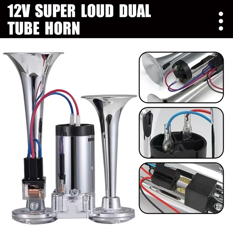 12V Car Air Compressor Safety Horn, Super Loud Dual Horn Kit, Compatible with Any 12V Vehicle, Truck Horn, Boat Horn, Train Speaker