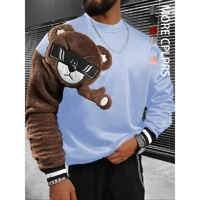 Men's Cartoon Bear Embroidered Sweatshirt, Casual Long Sleeve Round Neck Pullover, Spring & Fall Fashion Top, Perfect Christmas Gift