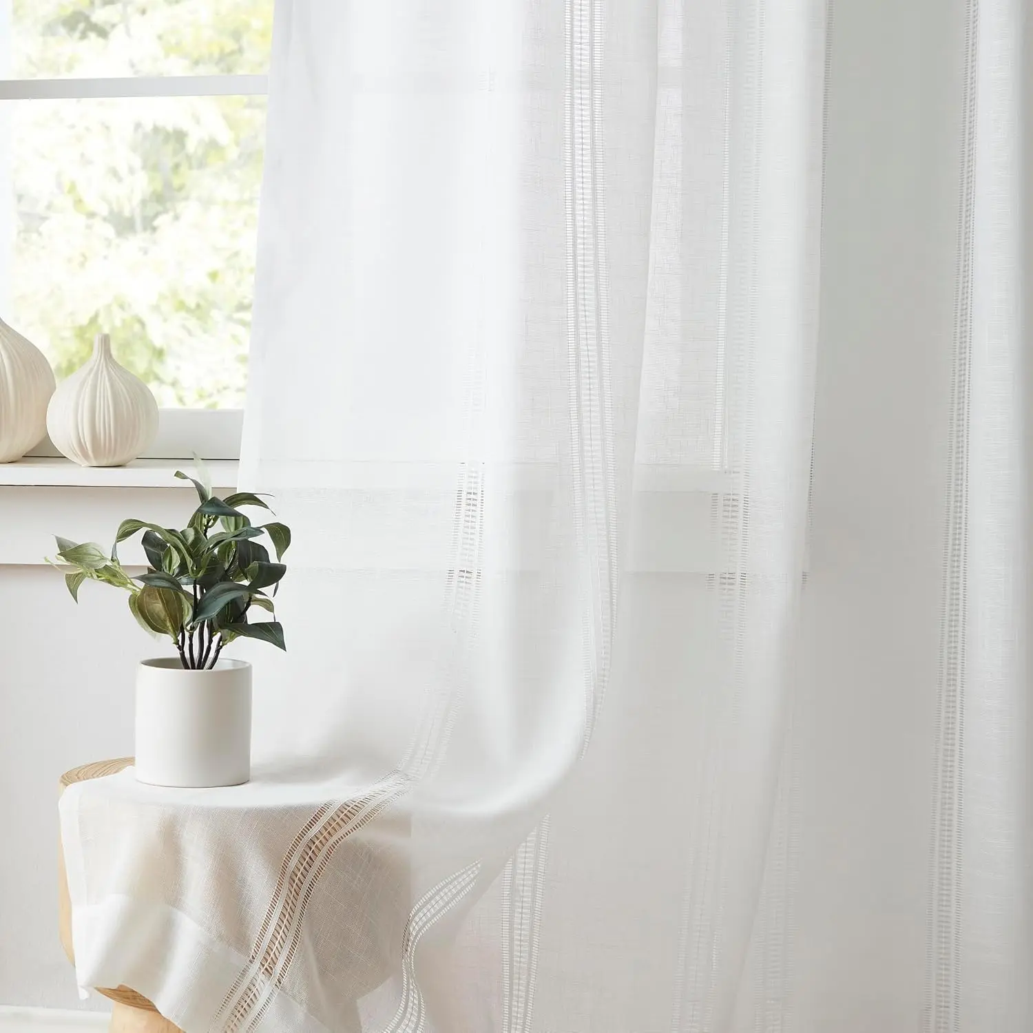 White Linen Textured Pinch Pleated Semi Sheer Curtains 84 Inch | Light Filtering  Boho Drapes for Living Room Bedroom, Tab Window  with 18 Pin Hooks,2 Panels,36"Wx84"L