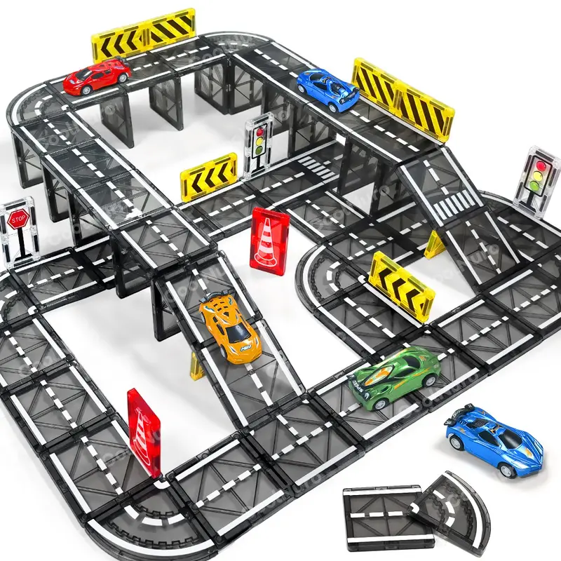 Alpha Group Magnetic Road Tiles Set, STEM Educational Magnetic Building Blocks, Model Building Kit and Race Track Toy for Kids Ages 3 and Up, Perfect Gift
