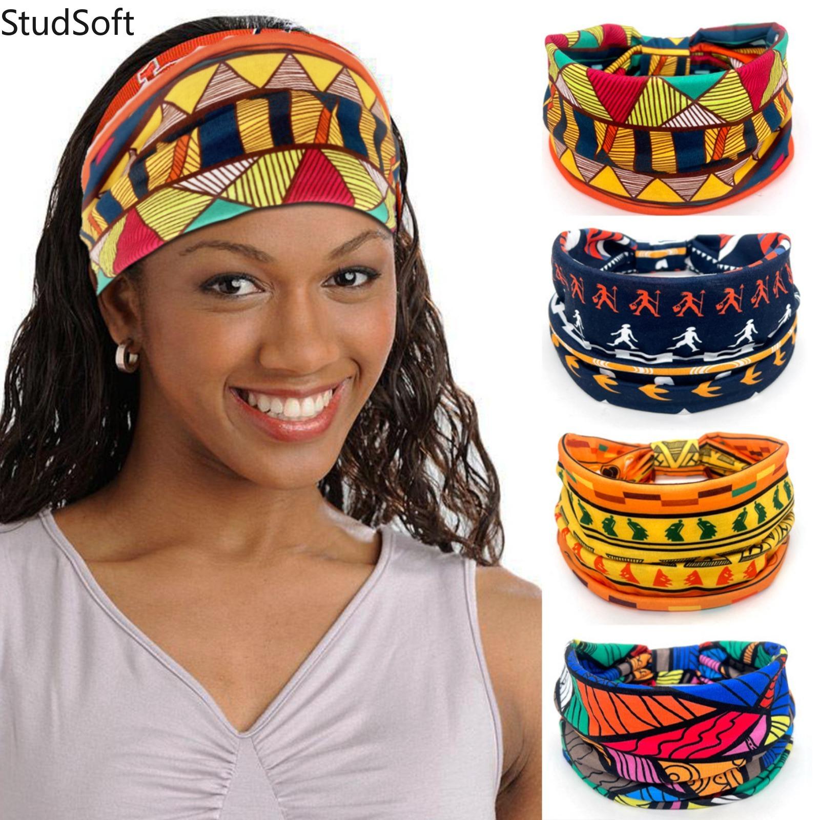 African Print Wide Headbands for Women, Elastic Knotted Hair Bands, Boho Workout Sweatbands for Yoga Sports, Fashion Hair Accessories, 4 Pack