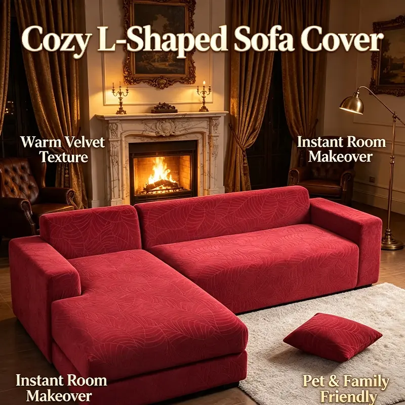 Universal Elastic Sectional Sofa Slipcover, Leaf Embossed Couch Cover, Light Spill Resistant, Machine Washable Easy Clean Furniture Cover For L-Shaped Corner Sofa