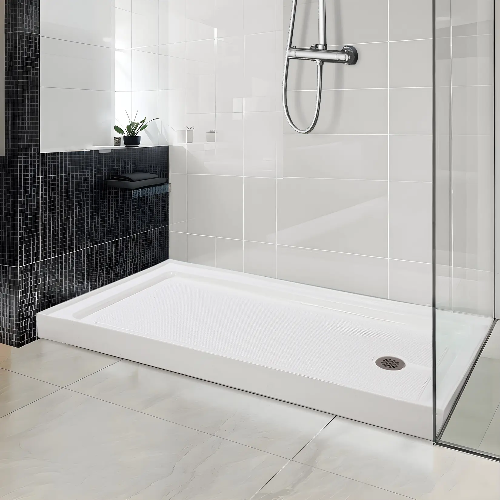 60x32 Inch Shower Base with Slip Resistant Textured Surface, Heavy-Duty Construction,Stainless Steel Drain with Hair Catcher,Integrated 3-Sided Flange Protection,Easy Installation and Cleaning