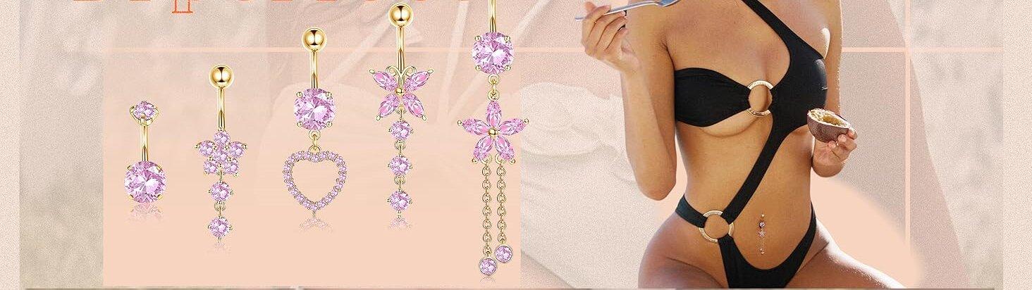 2025 Trendy Summmer Hypoallergenic 14G Dangle Belly Button Piercing Rings  Cute CZ Flower/Butterfly/Heart Designs Surgical Steel Navel Jewelry for Women