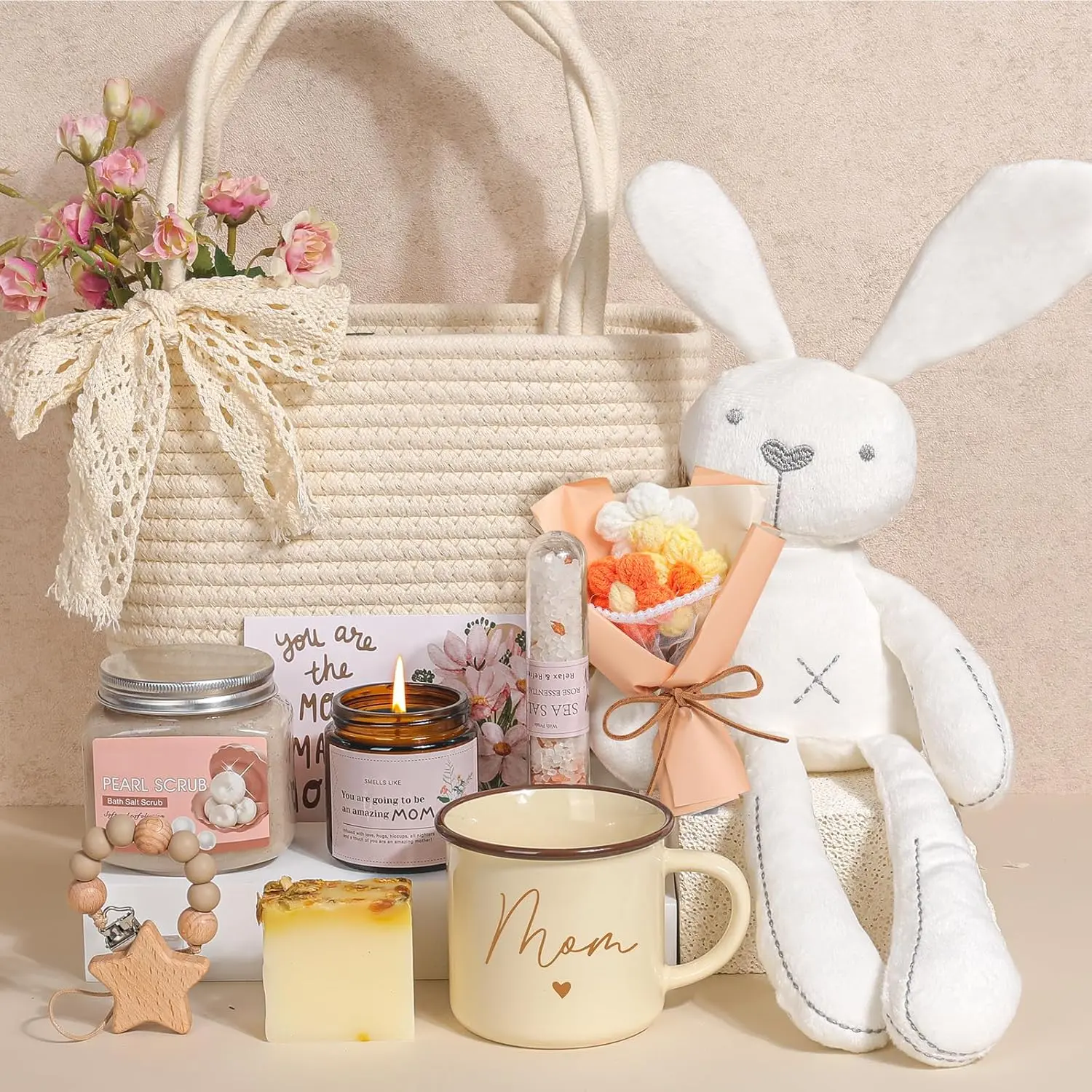 New Mom Gift Basket Box with Bouquet, Flower, Pearl Accents, Tote Bag, Mug - Spa Relaxation Set with Rose Bath Salt, Scrub, Handmade Soap, Beauty Products, Card - Thoughtful Postpartum Home/Festive Gift for Mommy