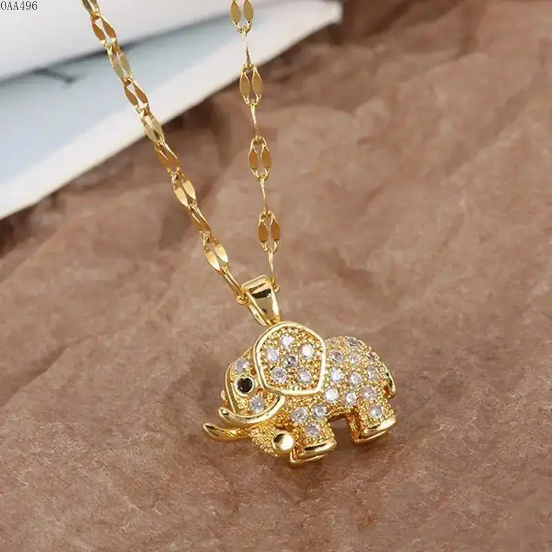 Women's Gold-Plated Copper Chain Elephant Pendant Necklace - Cubic Zirconia Animal Shape Lucky Charms, Lightweight Layered Look Bag Accessory for Daily Use & Gifting, Avoid Moisture