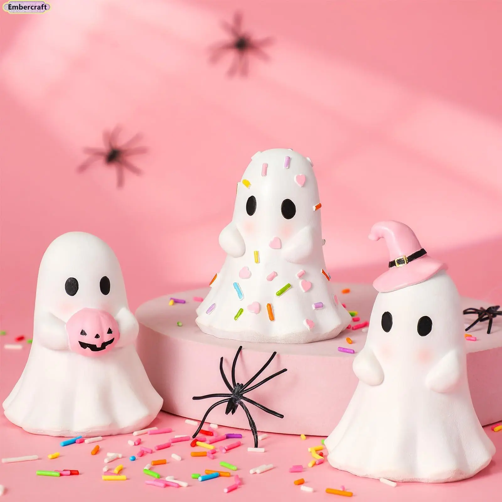 3PCS Halloween Pink Ghost Pumpkin Decorative Figurines & Miniatures Set, Aesthetic Indoor Tabletop Ornaments, Cute Pastel Shelf Decor, Reusable Holiday Home Accents for Tiered Tray, Mantel, Ghost Shapes, Holiday Decor, Three Pieces