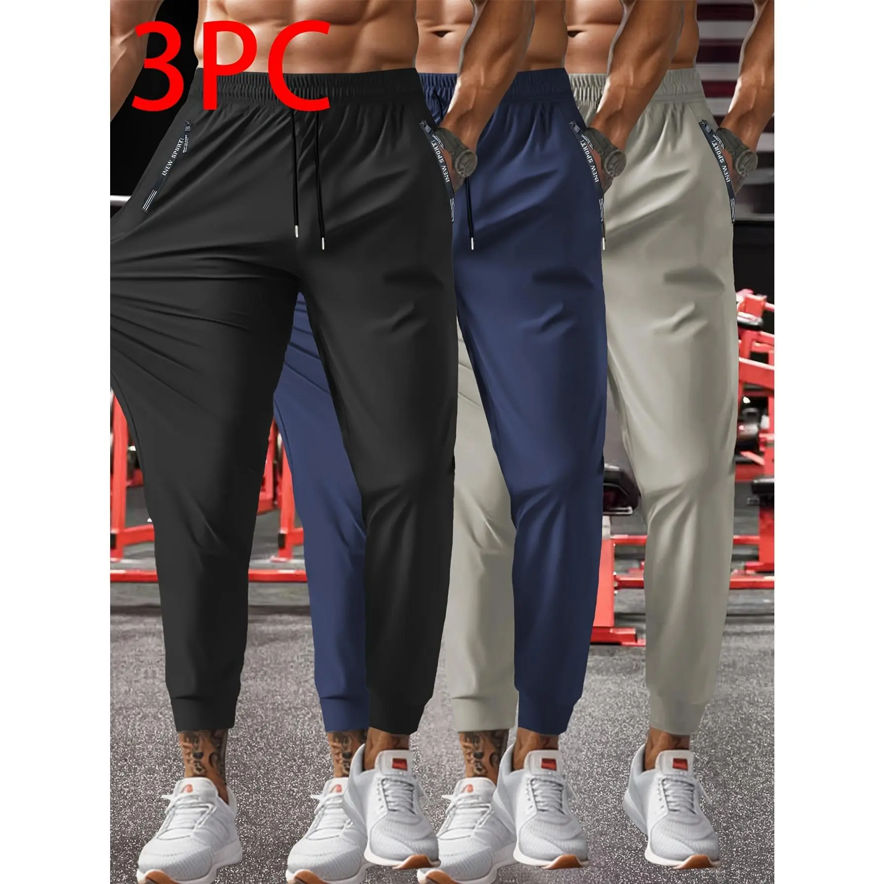 Plus Size Athletic Jogger Pants (3-Pack), Full-Length Solid Quick-Dry Polyester Blend (82.1% Polyester-17.9% Spandex) with Adjustable Drawstring Waist, for Sports & Daily Casual Use