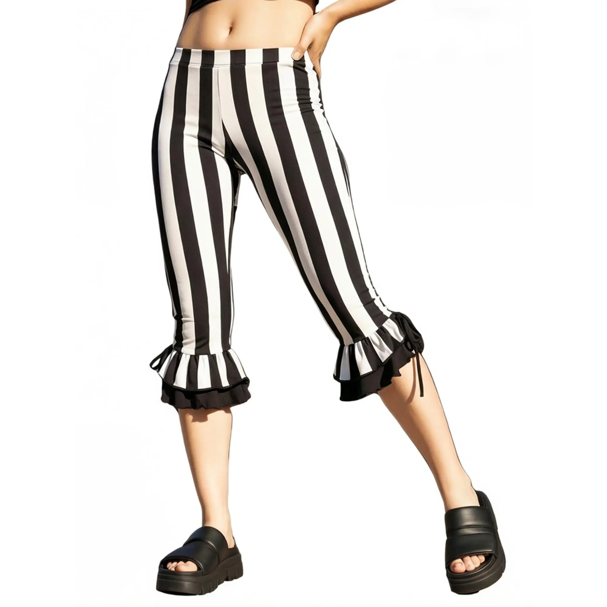 Women's High-Waist Elastic Stretch Polyester Striped Bell-Bottom Flare Capri Pants - Standard Sizes, Ideal for Party Wear