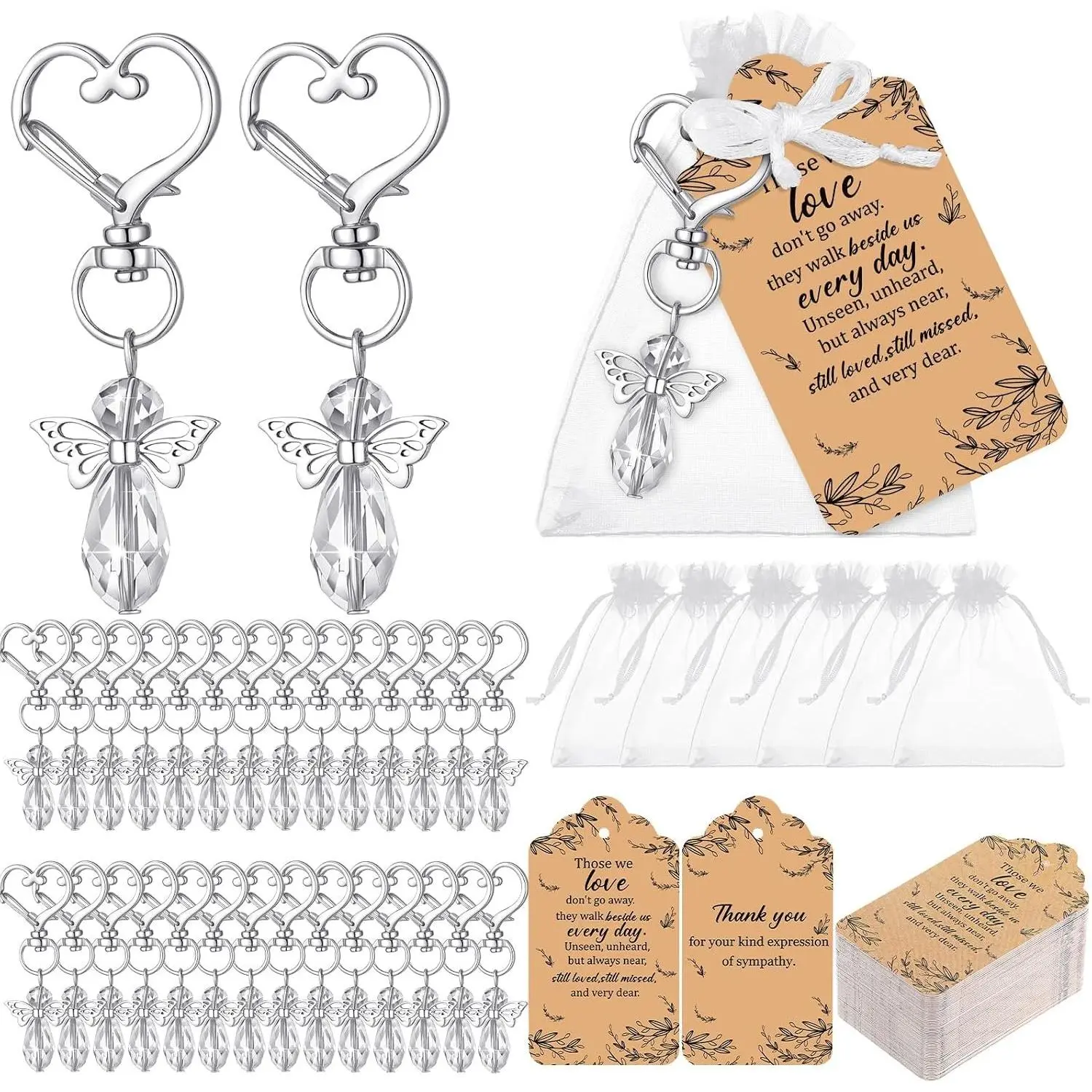 Funeral Memorial Guest Return Gifts - 100-Set Bright Transparent Angel Motif Keychains & Thank You Cards for Celebration of Life Favors, Memorial Use
